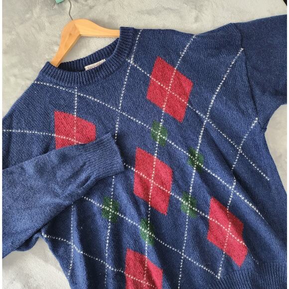 Heather & Tweed Sweater Mens Size Large Shetland Wool Argyle Blue Red Vintage - Picture 1 of 7